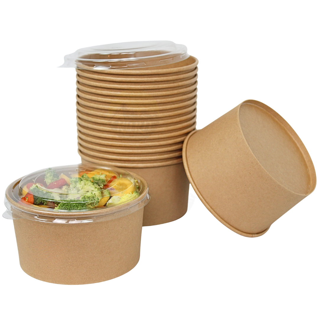 Salatschale Kraftpapier 1000 ml XL + rPET Deckel – 150 Stück | Sharing Bowl Mahlzeit Catering Pasta Große Portion Gastronomie