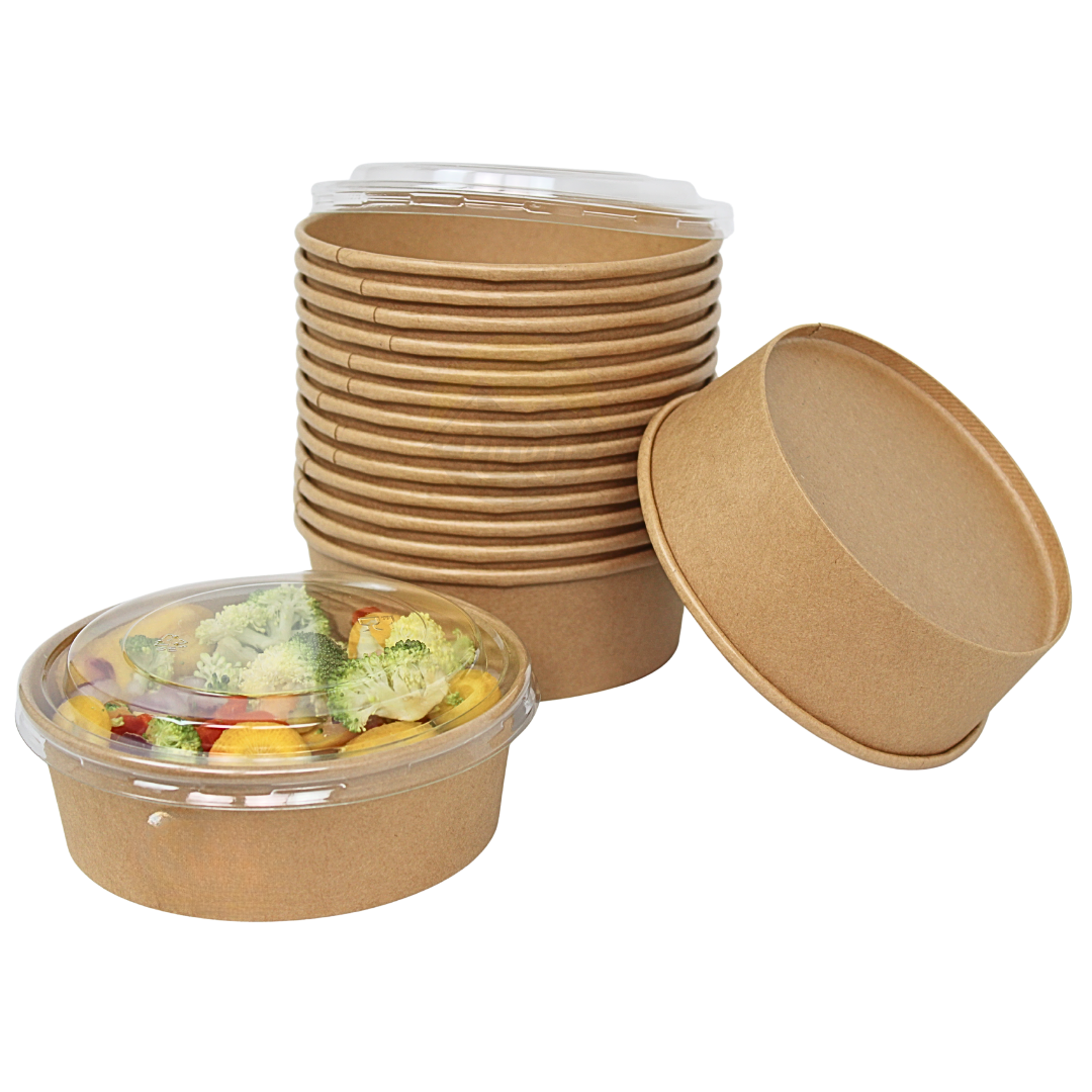 Salatschale Kraftpapier 500 ml + rPET Deckel – 150 Stück | Rund ø15cm Poké Bowl Pasta Warme Gerichte To Go Ohne Logo