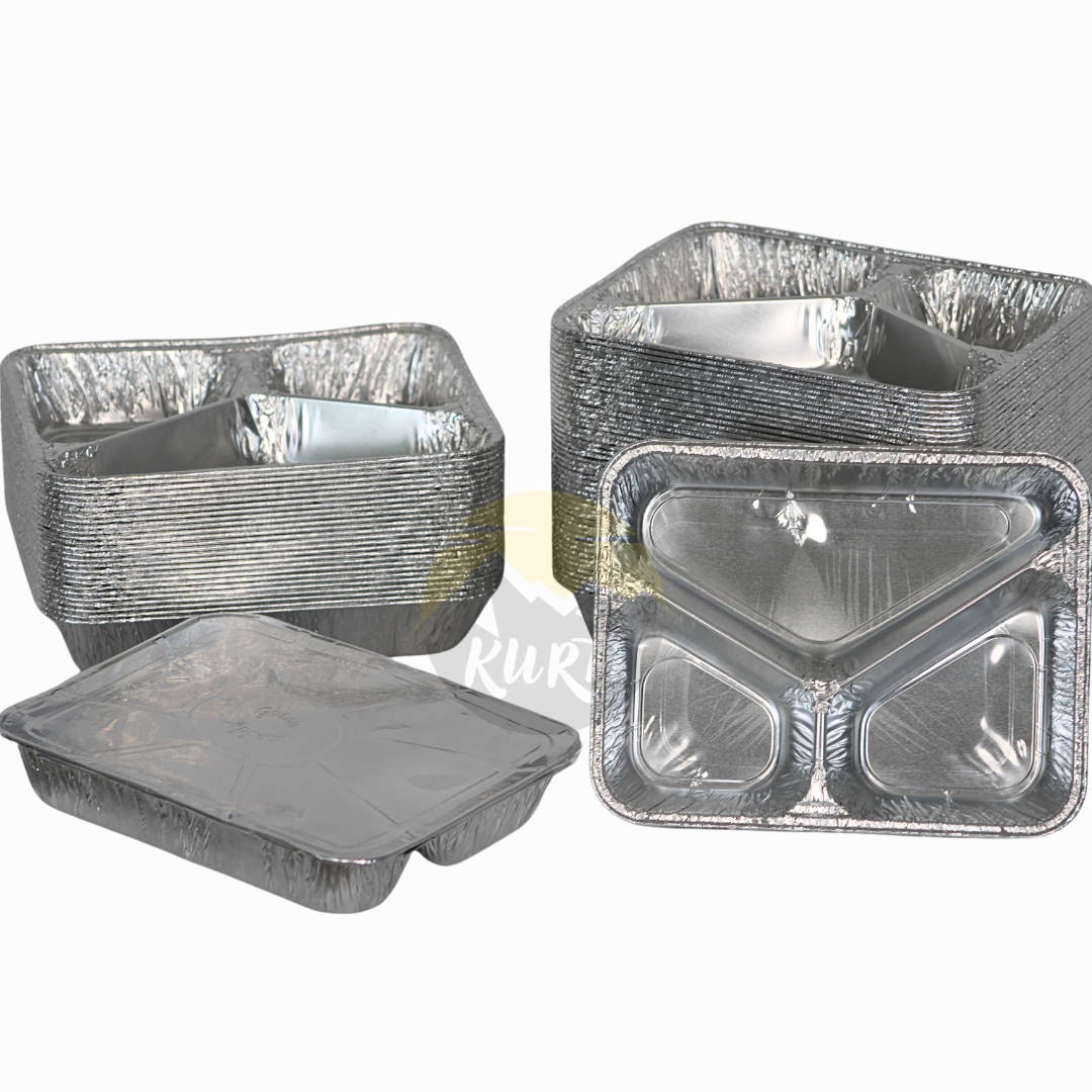 Aluminium Menüschale 3-geteilt mit Deckel 22x17x4cm | 100 Stück | Catering Meal Prep Menüschalen