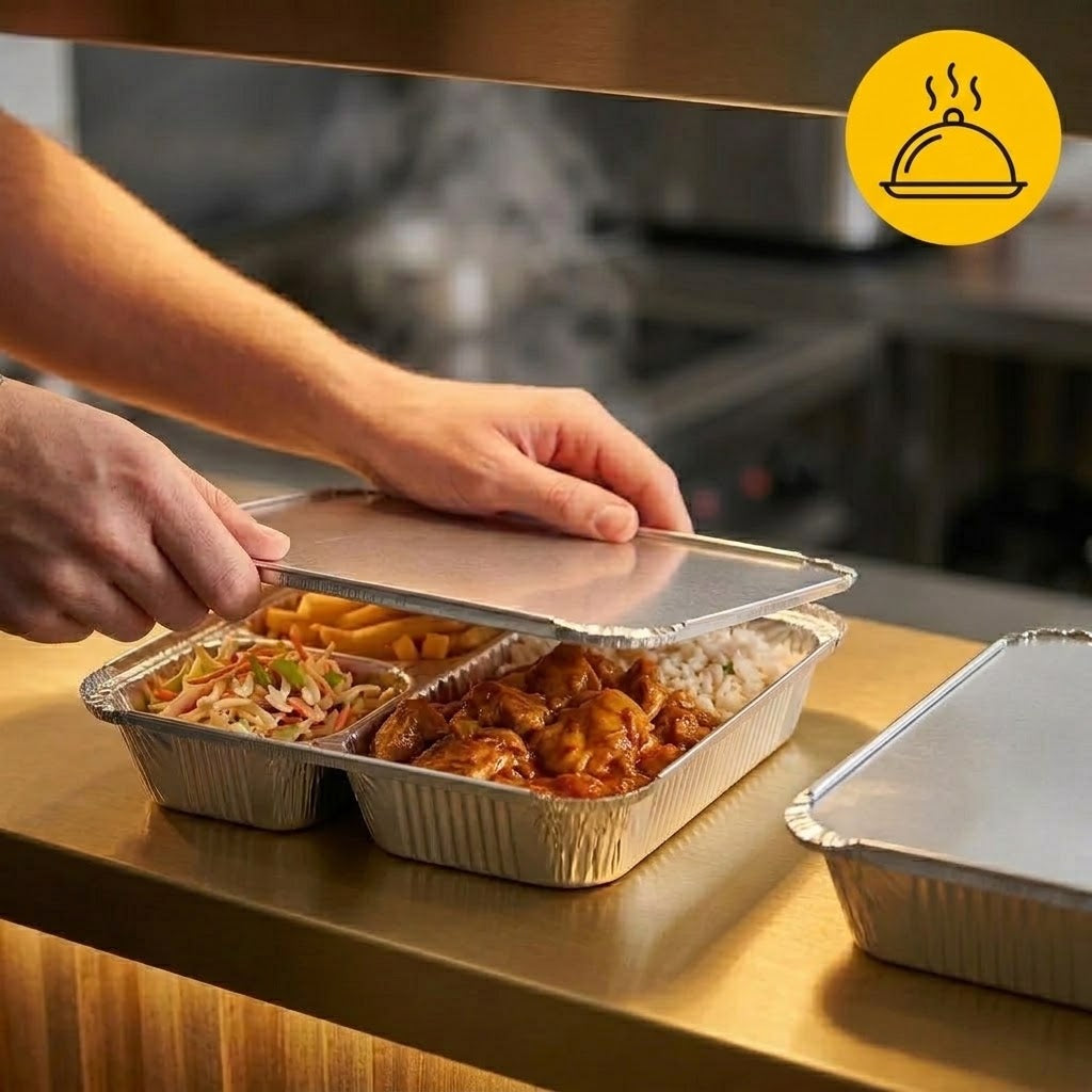 Aluminium Menüschale 3-geteilt mit Deckel 22x17x4cm | 100 Stück | Catering Meal Prep Menüschalen