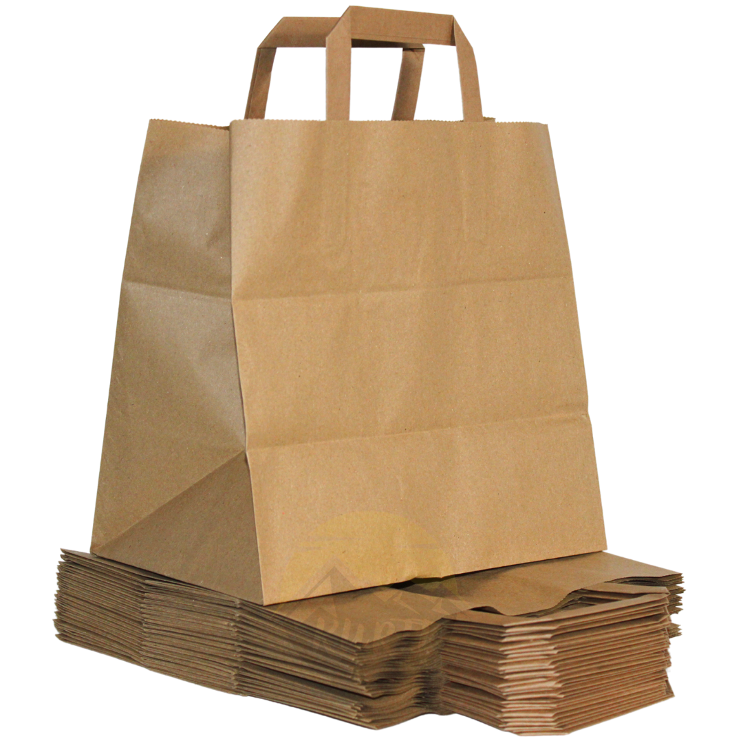 Papiertragetaschen Braun Flachhenkel 26x17x25cm – 50/100/250 Stück | Gastronomie Take-away