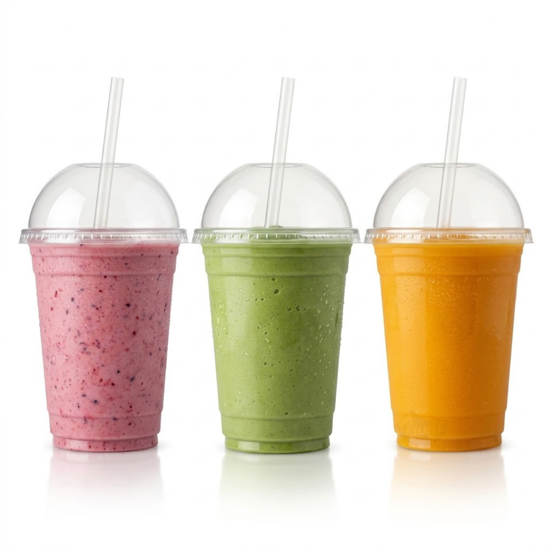 Smoothie Becher Clear Cups 200ml PET – 100 Stück | Domdeckel Inklusive Eiskaffee Milchshake | Umweltabgabe Inklusive