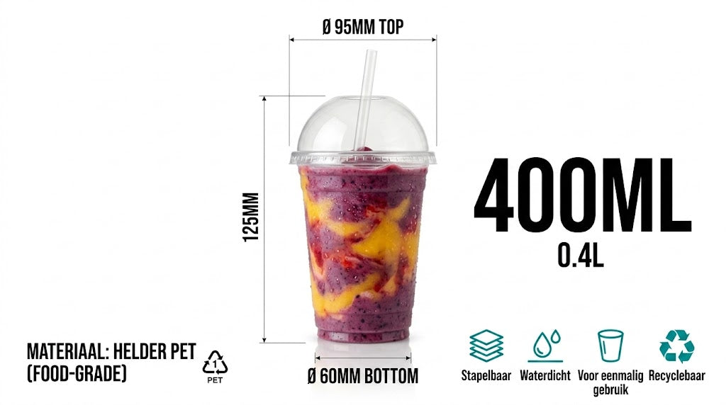 100x Smoothiebecher mit Deckel 400ml Transparent Kunststoff