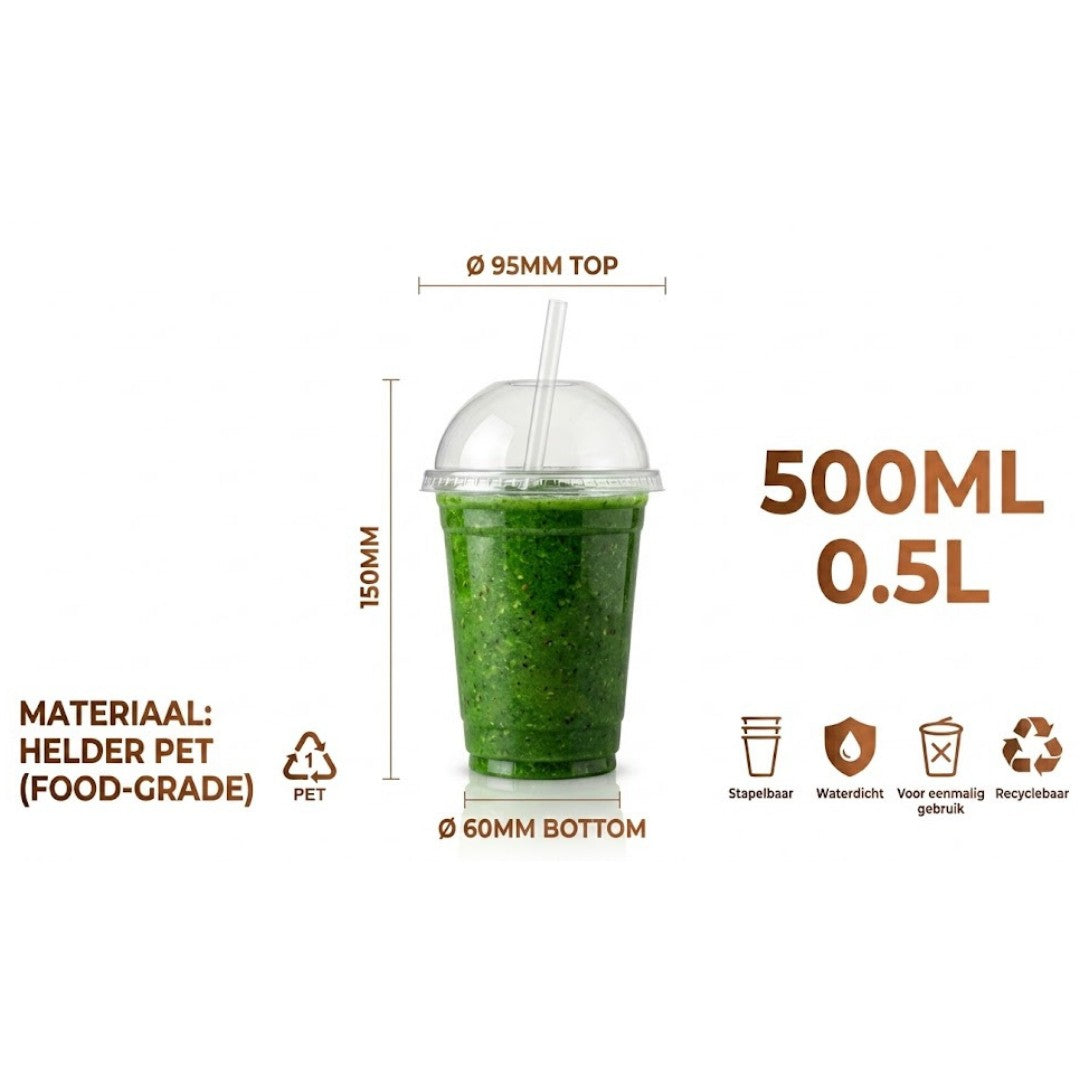 100x Smoothiebecher mit Deckel 500ml Transparent Kunststoff