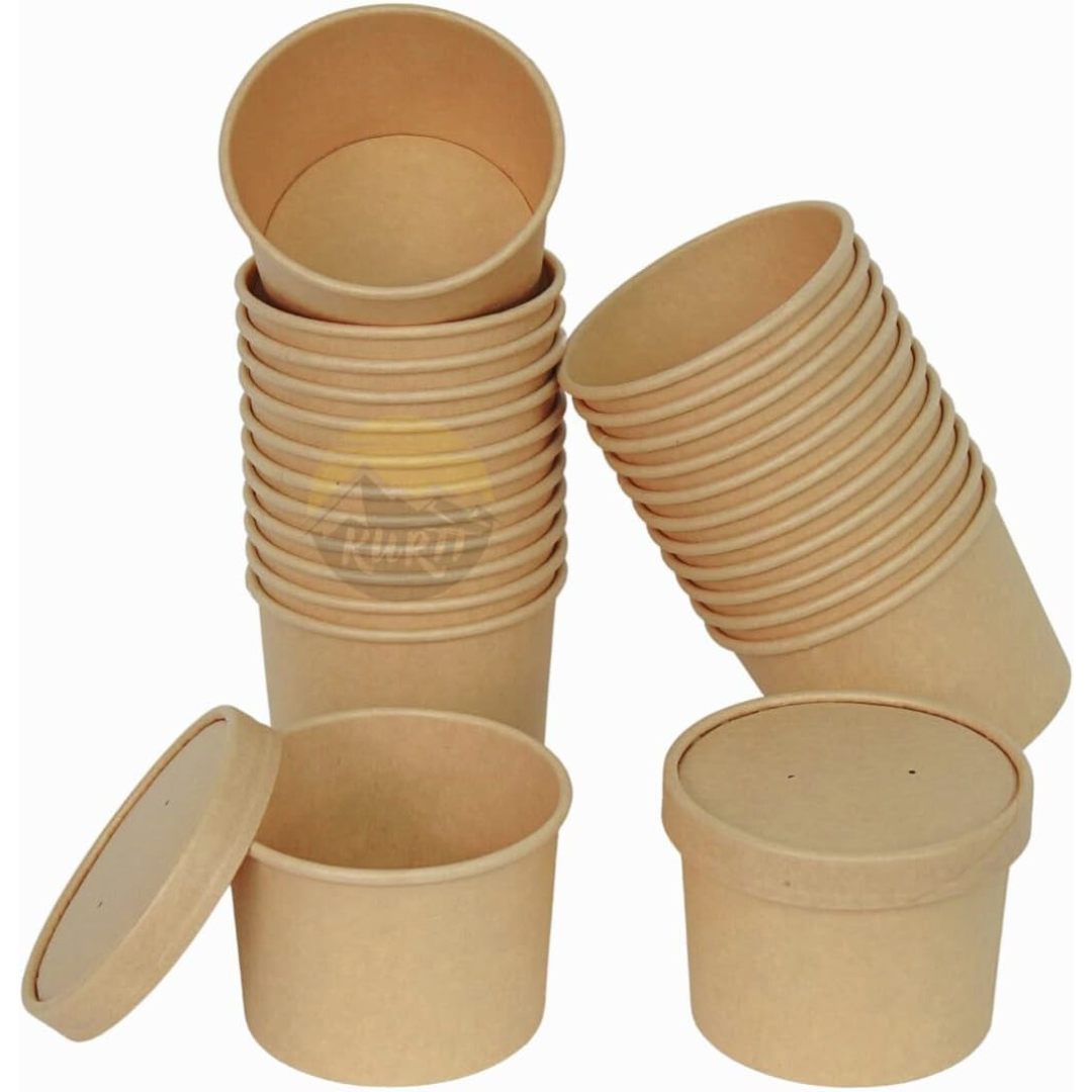 Suppenbecher Kraftpapier 500 ml 16oz mit Deckel – Karton 100 Stück | To Go Gastronomie Mahlzeitportion Suppe Pasta Warme Gerichte Großpackung