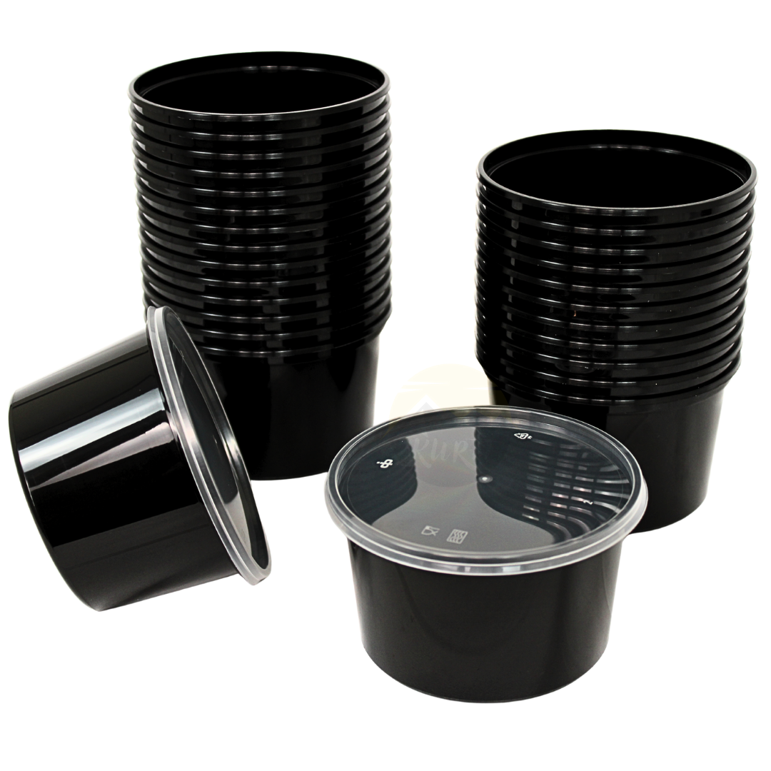 Feinkostbecher 350ml Schwarz PP mit Deckel Transparent – 50 Stück | Kühlvitrine Traiteur Meal Prep Mikrowelle