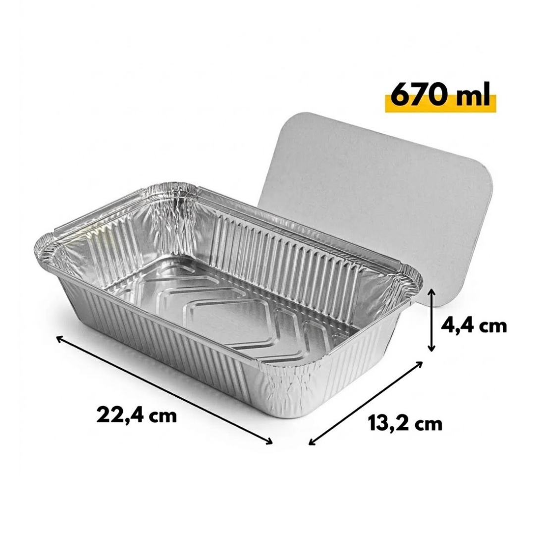 Aluschale 670L mit Deckel – 100 Stück 22x13x4,4cm | Ofen Airfryer Grill Gefrierschrank