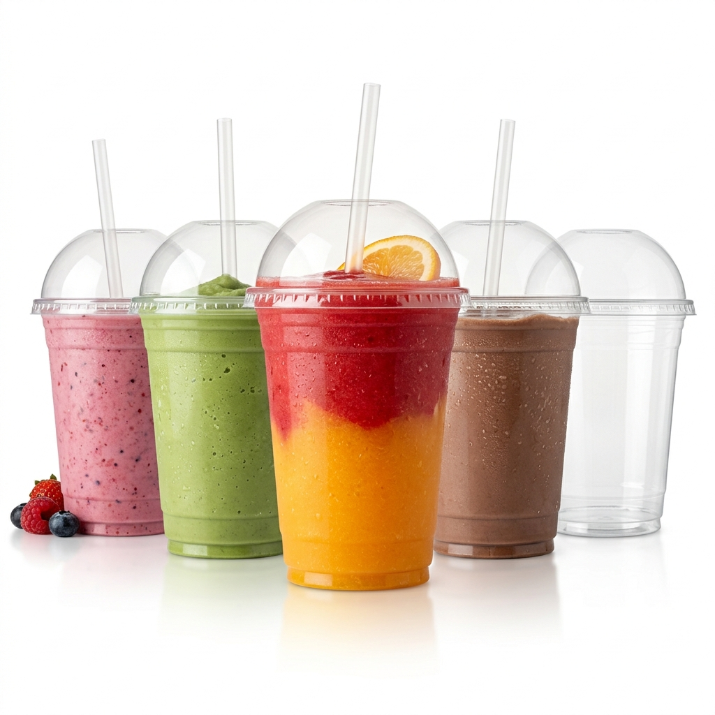  Smoothie Becher Transparent PET 300ml Domdeckel mit Loch – 100 Stück | Eiskaffee Milchshake Einwegbecher Gastronomie