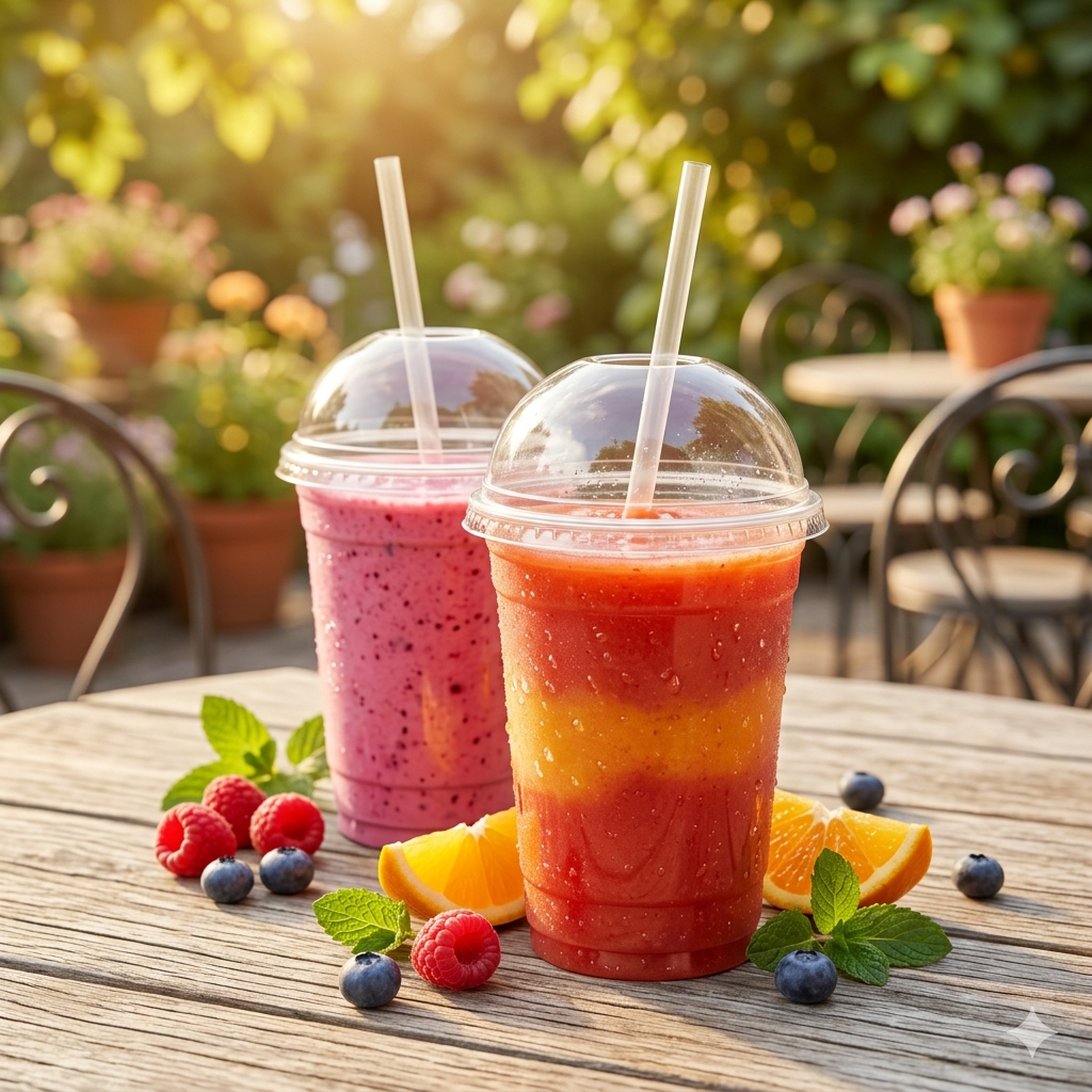 Twee smoothiebekers op een tafel