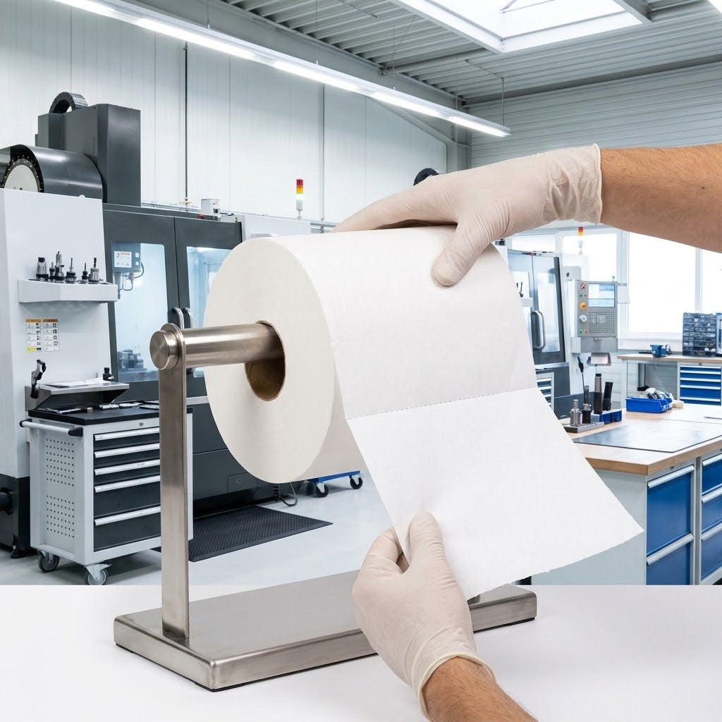 Witte industriële poetsrol op metalen houder in een werkplaats