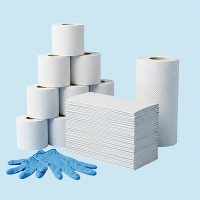 Wc papier, keukenrol, papierenhandoekjes en plastic handschoenen
