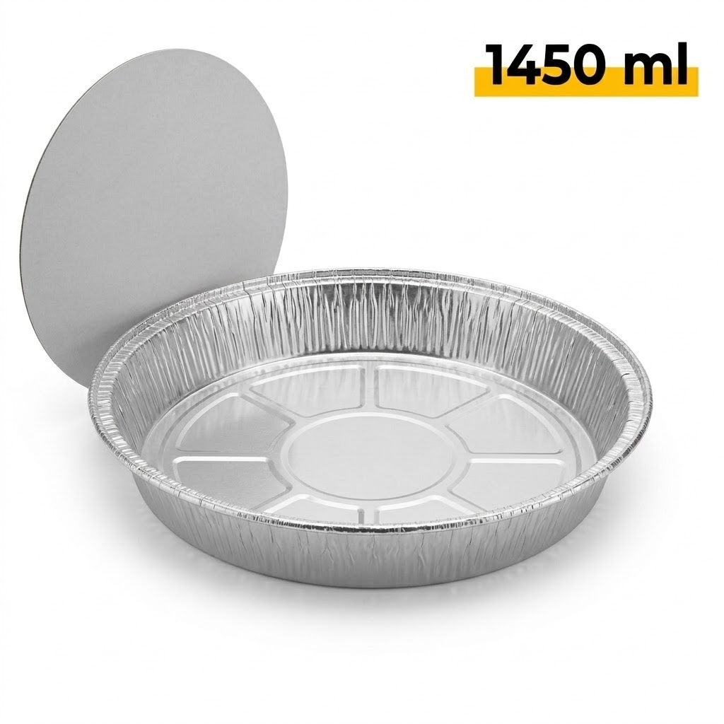 Aluschalen Rund 23 cm mit Deckel – 1450 ml – 100 Stück | C803L Menüschalen Ofen Grill Außer-Haus