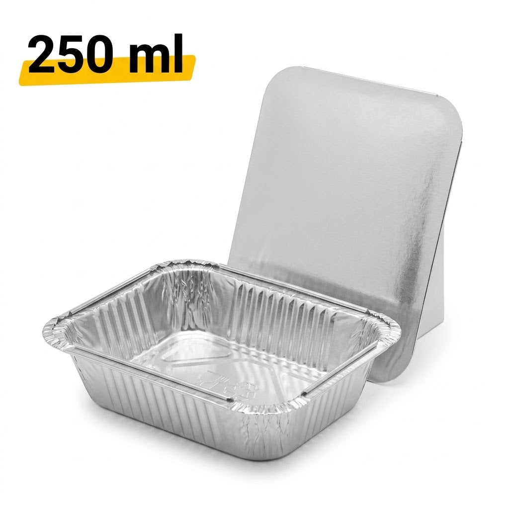 Aluschale 250ml Deckel – 100 Stück | Ofen Airfryer Grill Gefrierschrank