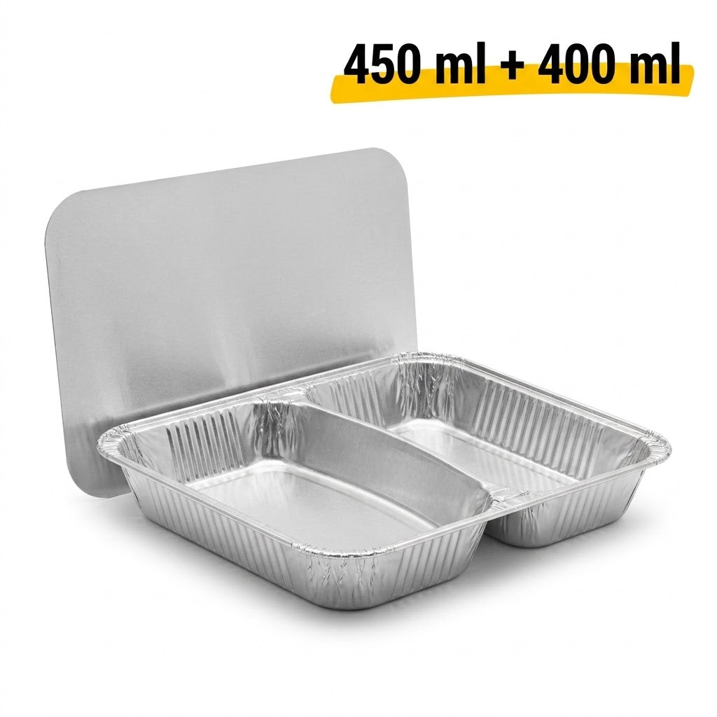 Aluminium Menüschale 2-geteilt 450+400ml mit Deckel – 100 Stück | Catering Meal Prep Lieferung