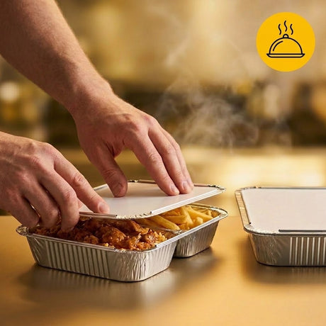 Aluminium Menüschale 2-geteilt 450+400ml mit Deckel – 100 Stück | Catering Meal Prep Lieferung
