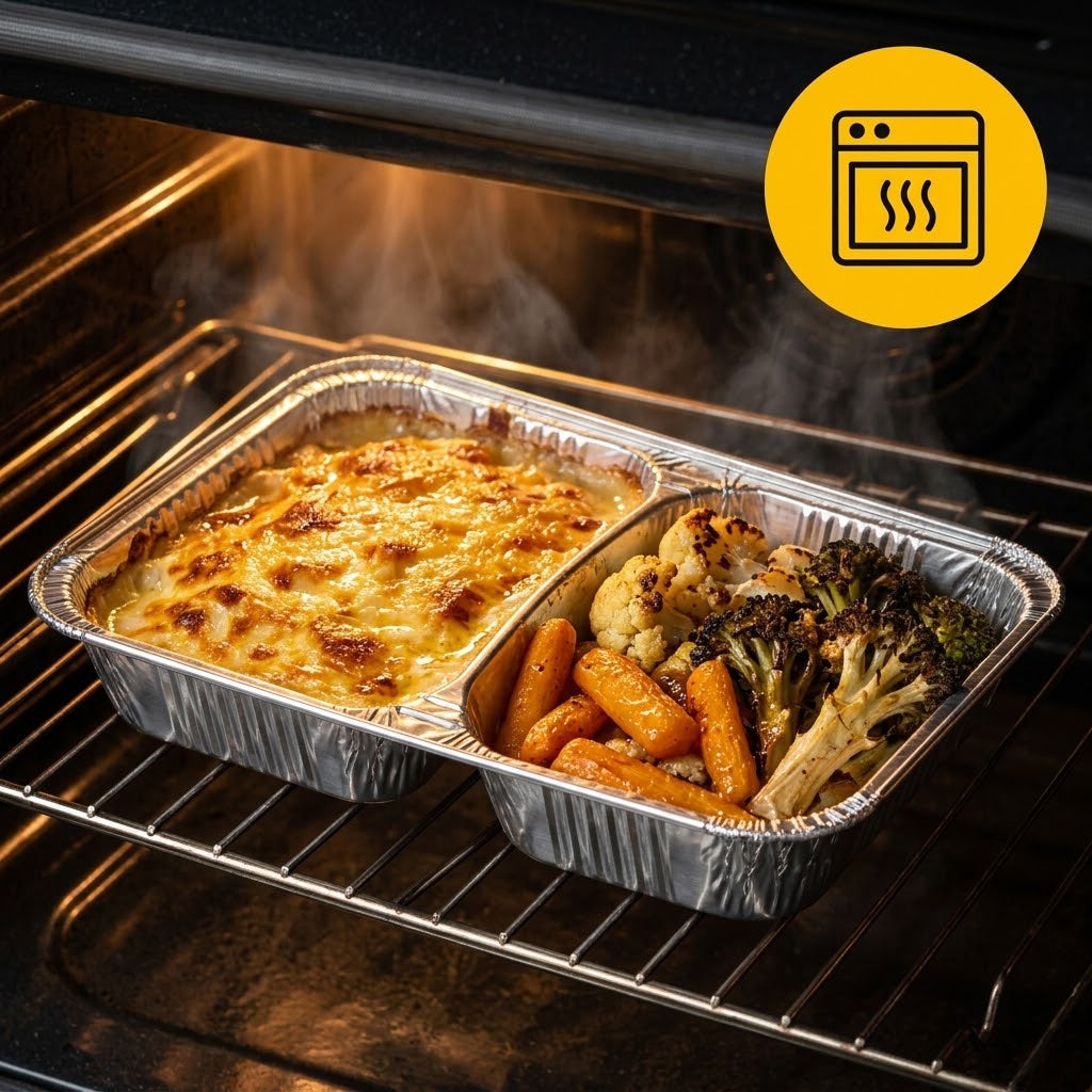 Aluminium Menüschale 2-geteilt 450+400ml mit Deckel – 100 Stück | Catering Meal Prep Lieferung