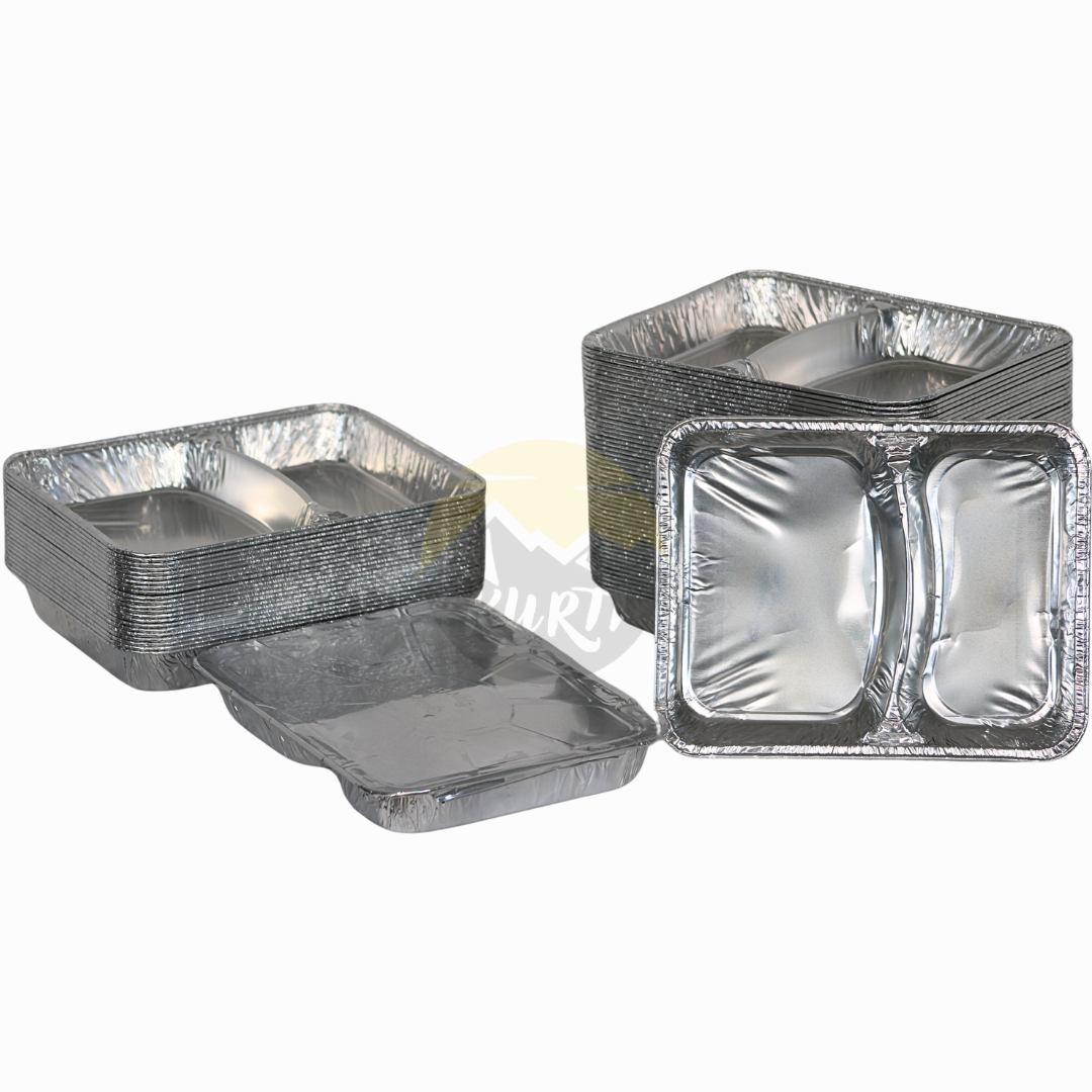Aluminium Menüschale 2-geteilt 450+400ml mit Deckel – 100 Stück | Catering Meal Prep Lieferung