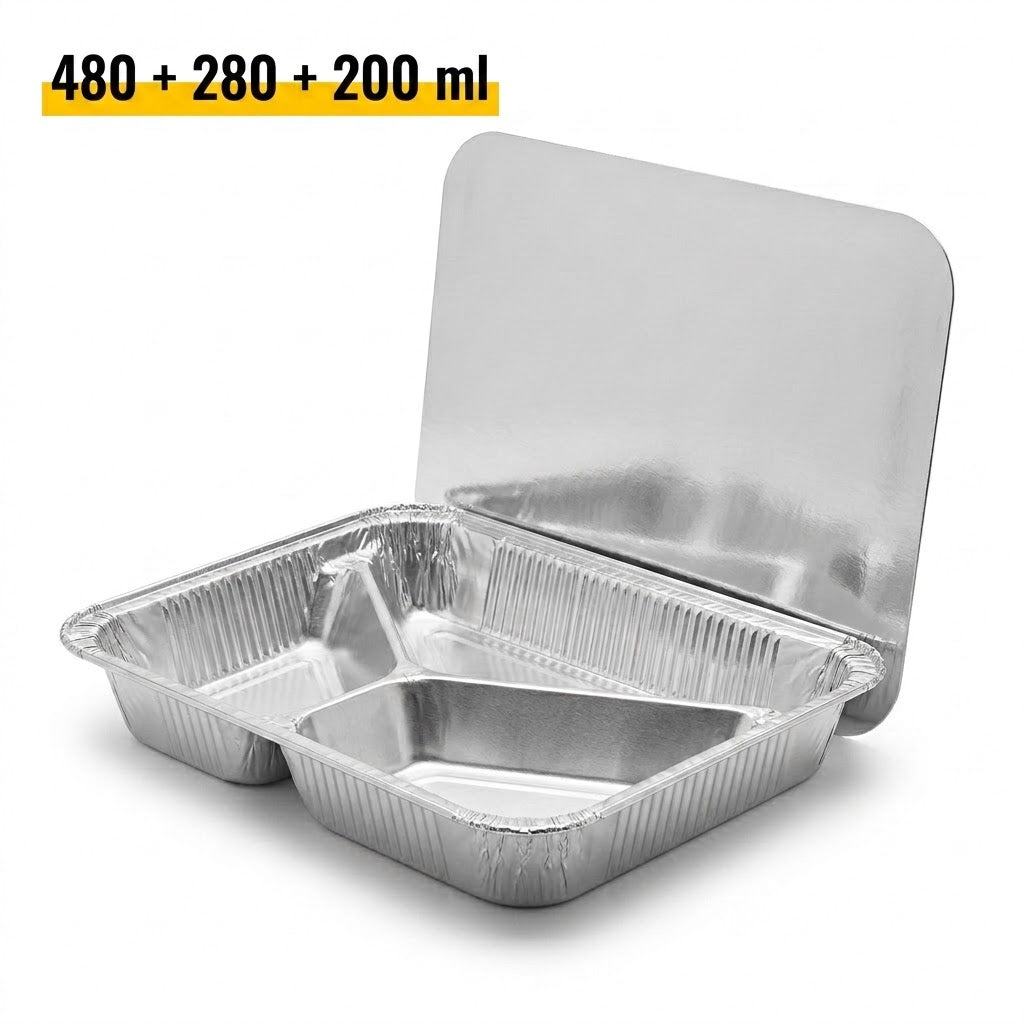 Aluminium Menüschale 3-geteilt mit Deckel 22x17x4cm | 100 Stück | Catering Meal Prep Menüschalen