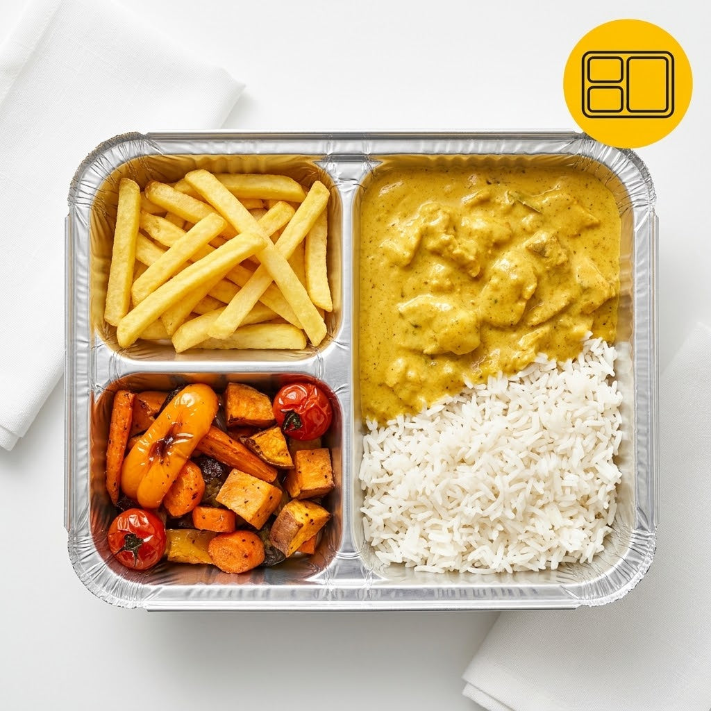 Aluminium Menüschale 3-geteilt mit Deckel 22x17x4cm | 100 Stück | Catering Meal Prep Menüschalen