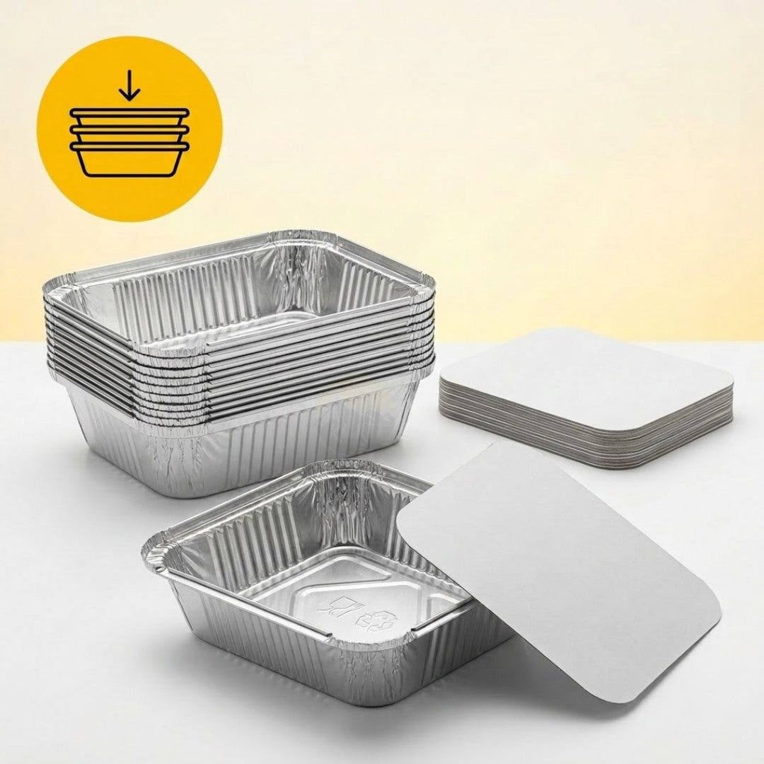 Aluschale 450ml 14x12cm mit Deckel – 100 Stück | Ofen Airfryer Grill Gefrierschrank