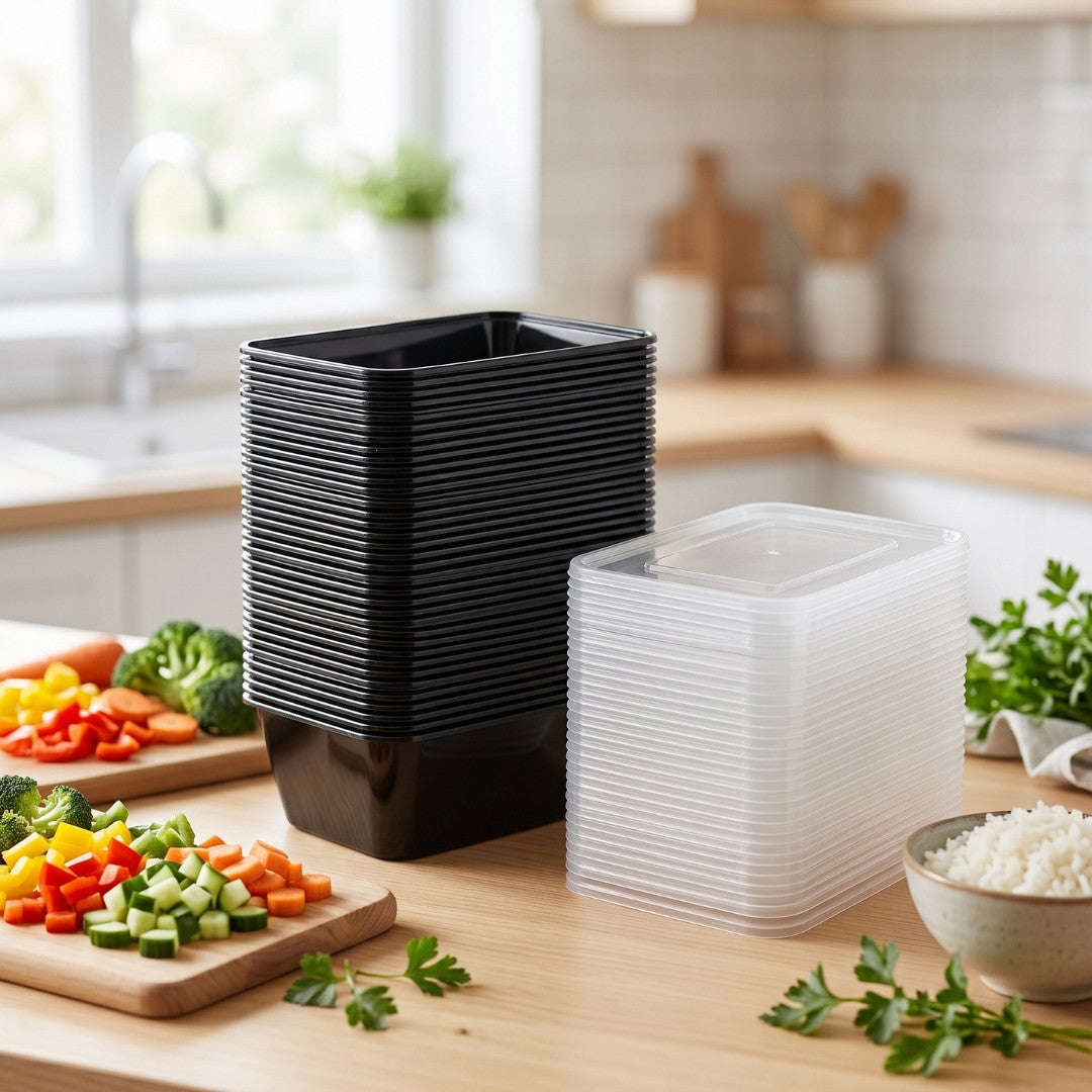 KURTT Meal Prep Boxen Schwarz PP Mit Deckel | Mikrowelle Gefrierschrank 50/100 Stück BPA-frei | 500ml 650ml 750ml 1000ml