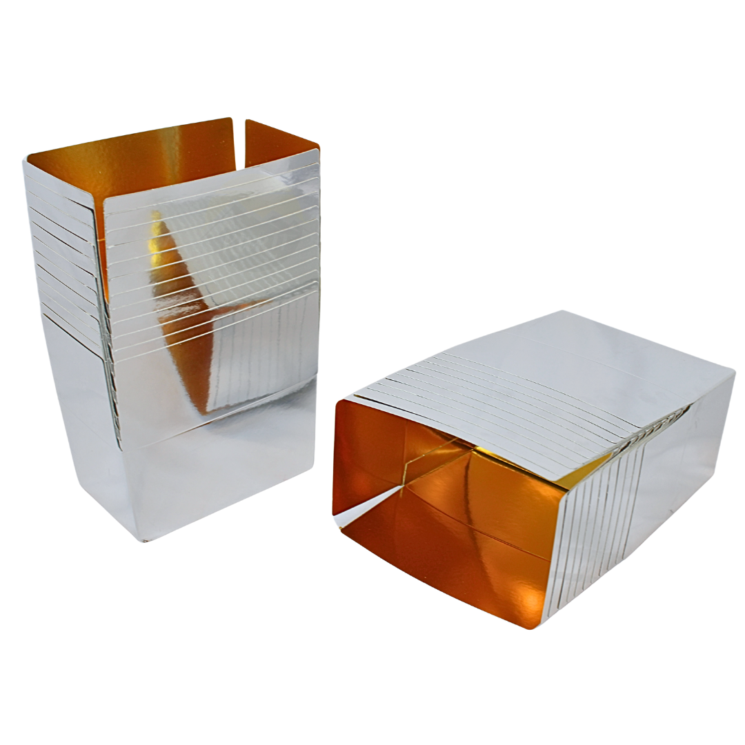 Ballotin bonbondoos 500 gram glanzend zilver – 50 stuks | Binnenzijde goudfolie, 13x7,5x7 cm