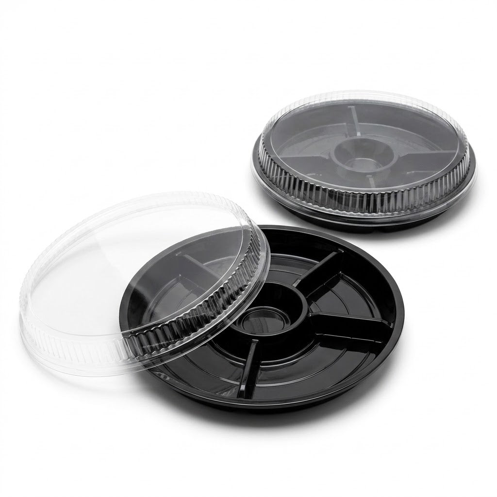 Gourmetteller Fondueteller 5-Fach Rund Schwarz 257mm mit Deckel | 10 Stück