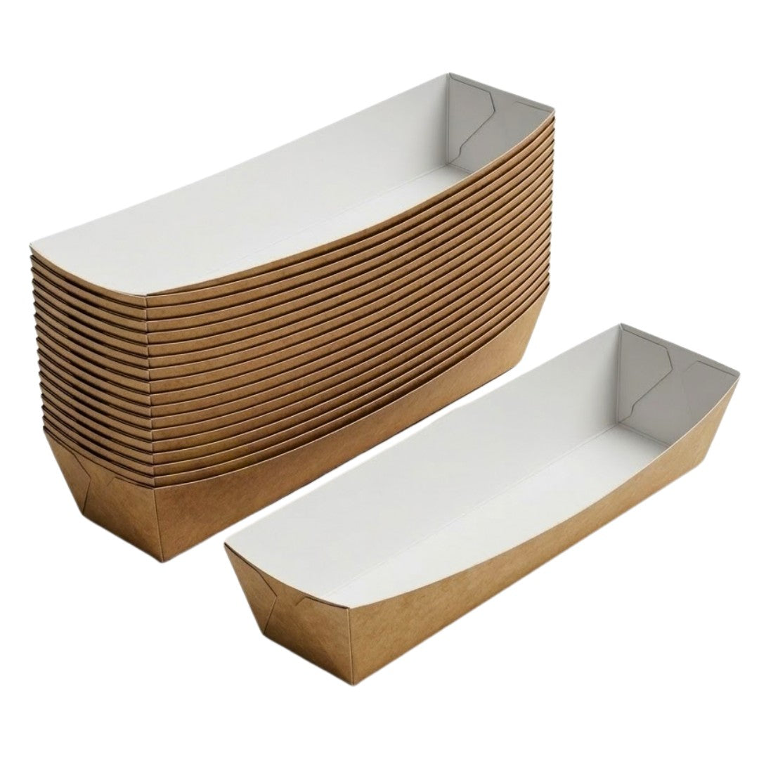 Frikandelbakjes A16 Karton Kraft/Wit – 180 × 35 × 35 mm | Smal Snackbakje