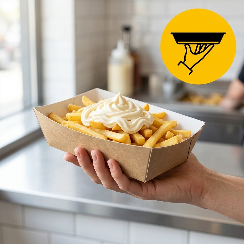 Frietbakjes A13 Karton Kraft/Wit – 130 × 78 × 43 mm | Snackbakje Groot