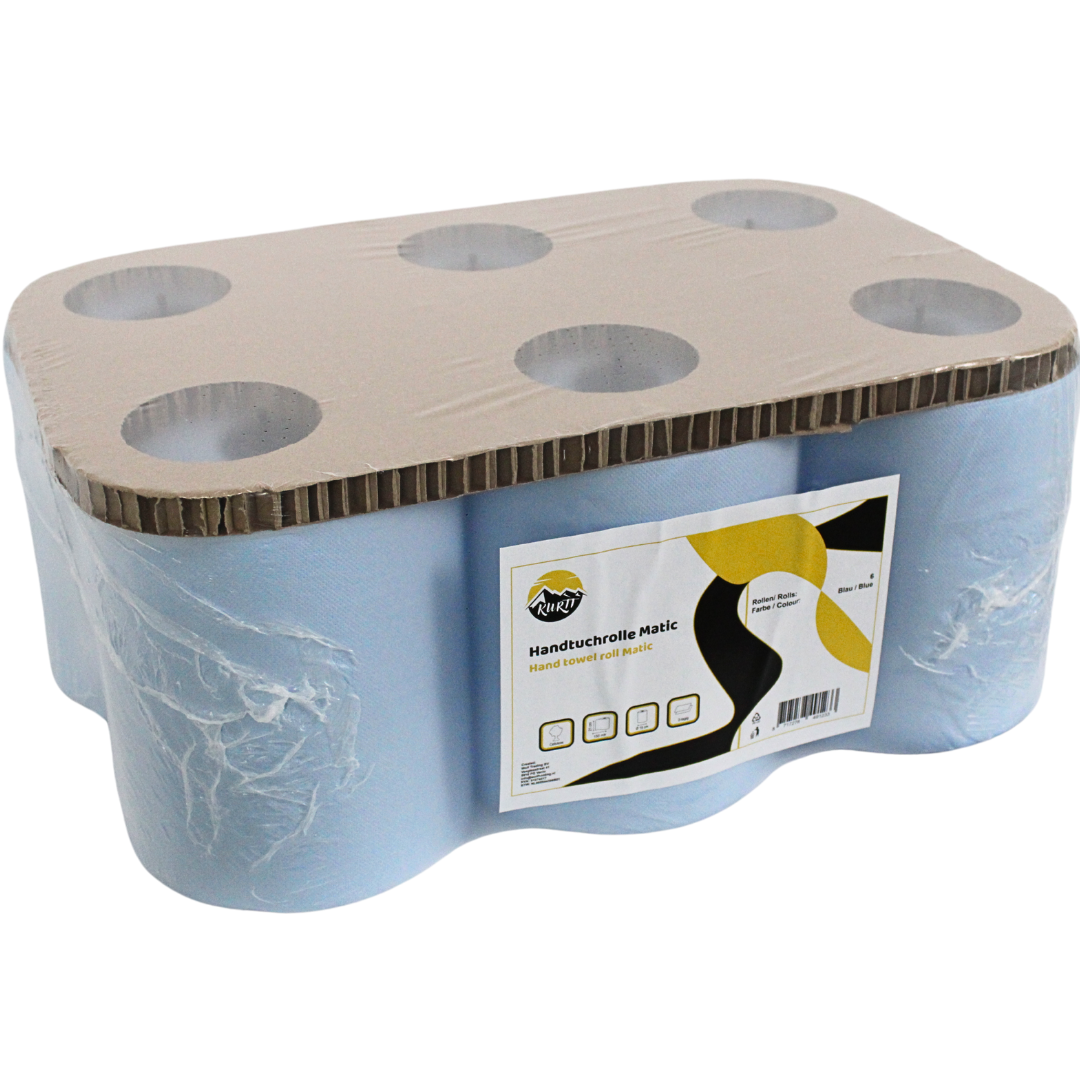 Handtuchrolle Autocut 2-lagig Zellstoff 150m – 6 Rollen | Automatischer Spender Weiß Blau
