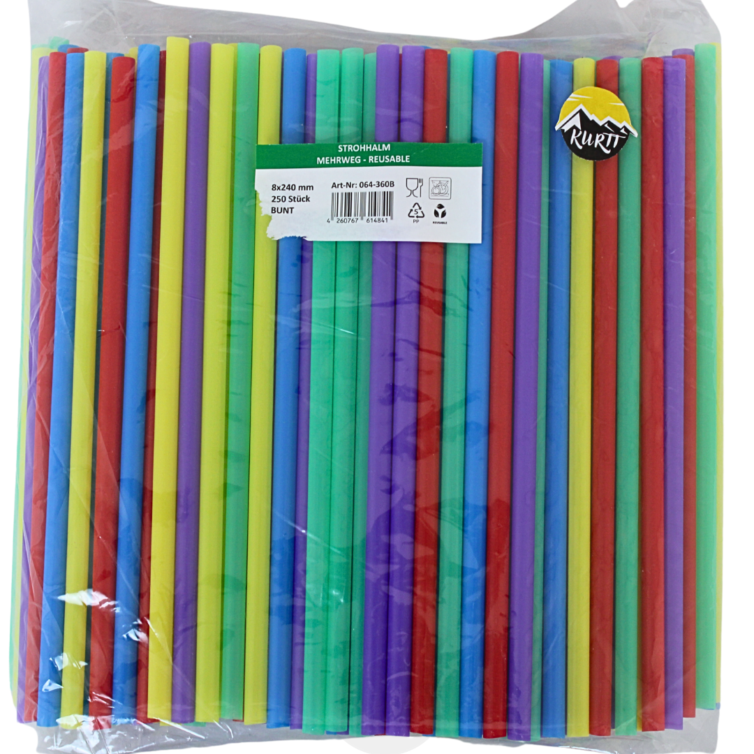  Trinkhalme Wiederverwendbar Gerade PP 8x240mm Bunt – 100 Stück | BPA-frei Spülmaschinenfest EN12875-1