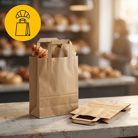 Papiertragetaschen Braun Flachhenkel 18x8x22cm – 50/100/250 Stück | Bäckerei Traiteur Take-away