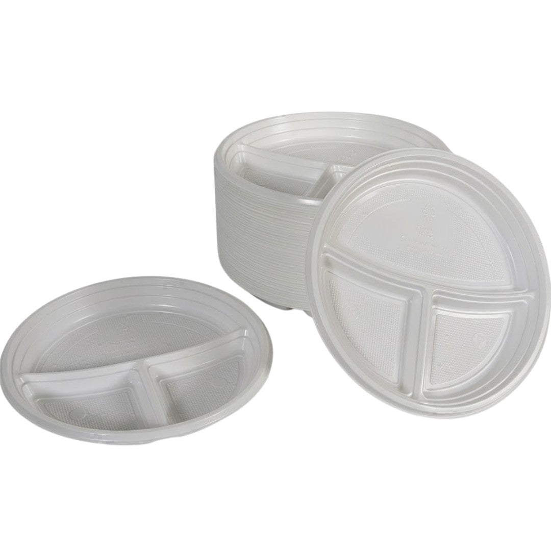 Plastikteller Mehrweg PP Weiß 22cm 3-geteilt – Bruchsicher Spülmaschinenfest Buffet | 100 Stück