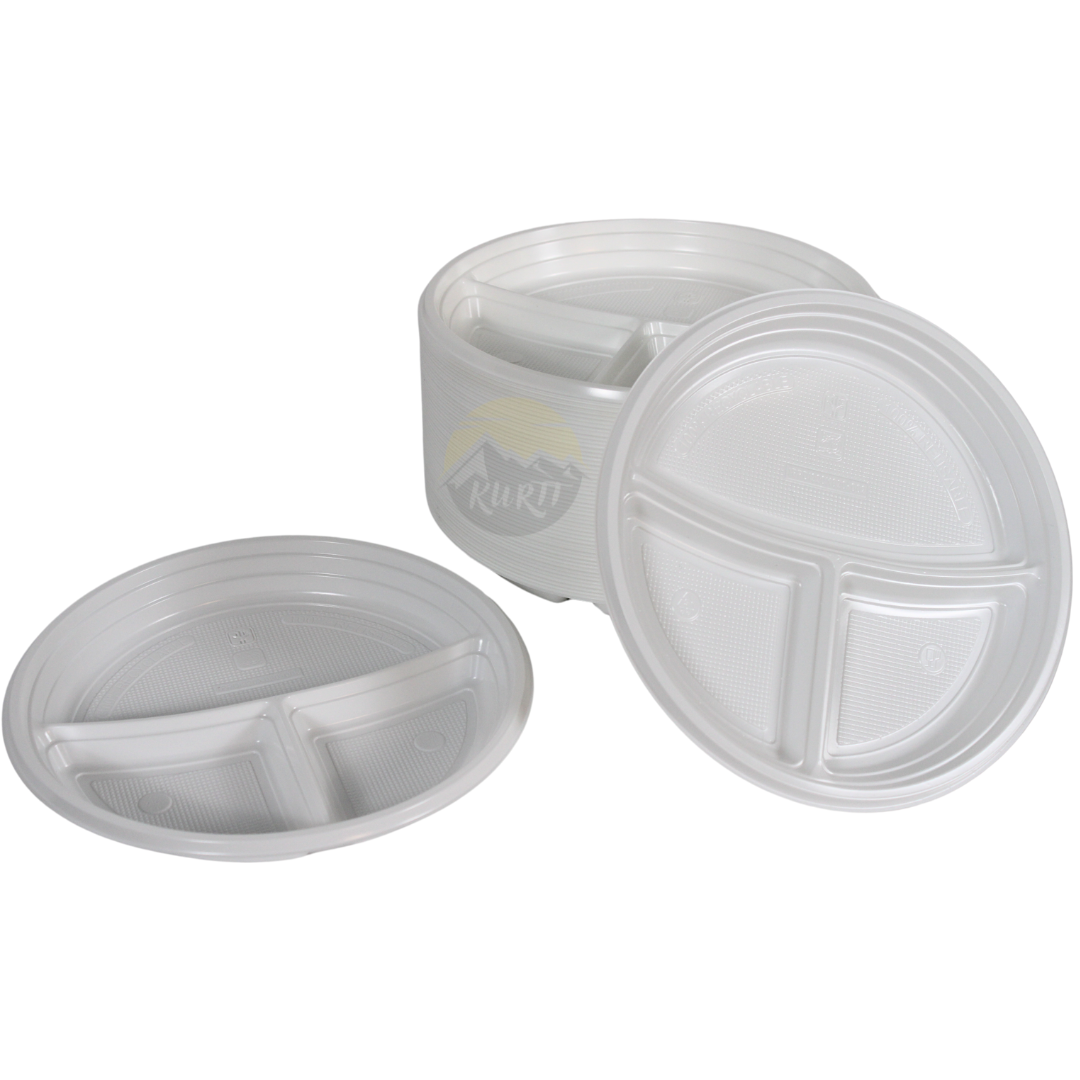 Plastikteller Mehrweg PP Weiß 22cm 3-geteilt – Bruchsicher Spülmaschinenfest Buffet | 100 Stück
