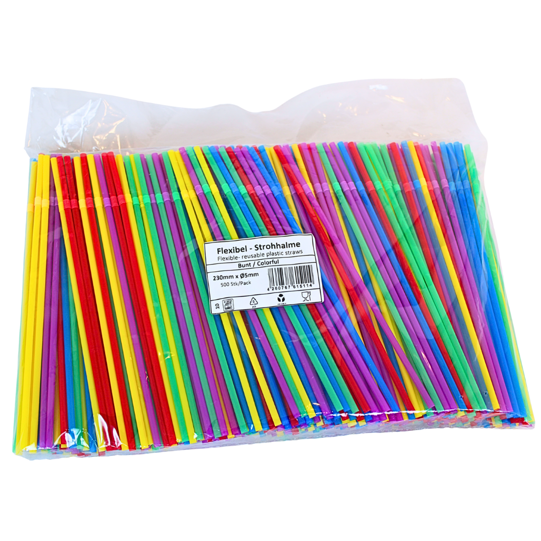 500x Flexible Trinkhalme Wiederverwendbar Flexibel PP 5x230mm | Bunt Schwarz BPA-frei