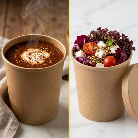 Suppenbecher Kraftpapier 500 ml 16oz mit Deckel – Karton 100 Stück | To Go Gastronomie Mahlzeitportion Suppe Pasta Warme Gerichte Großpackung