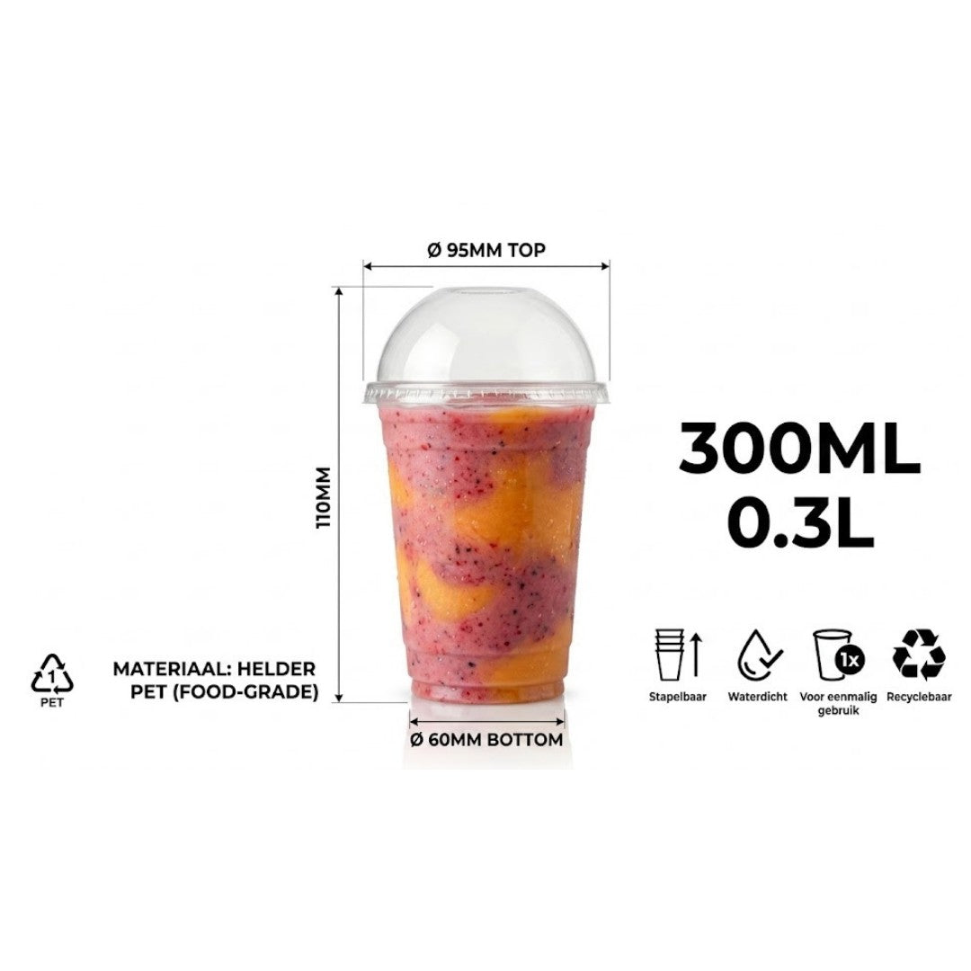  Smoothie Becher Transparent PET 300ml Domdeckel mit Loch – 100 Stück | Eiskaffee Milchshake Einwegbecher Gastronomie