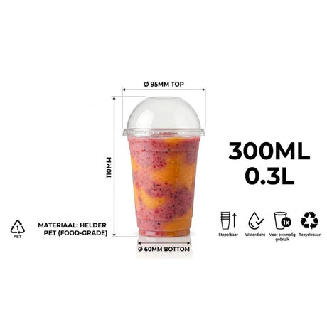  Smoothie Becher Transparent PET 300ml Domdeckel mit Loch – 100 Stück | Eiskaffee Milchshake Einwegbecher Gastronomie