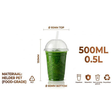 100x Smoothiebecher mit Deckel 500ml Transparent Kunststoff