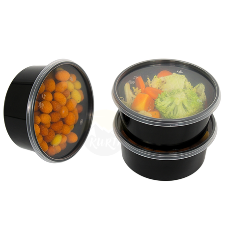 Feinkostbecher 350ml Schwarz PP mit Deckel Transparent – 50 Stück | Kühlvitrine Traiteur Meal Prep Mikrowelle