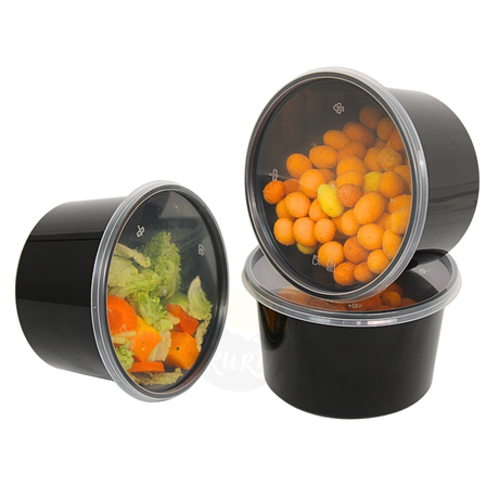 Feinkostbecher 500ml Schwarz mit Deckel Transparent PP – 100 Stück | Mikrowelle Gefrierschrank Traiteur